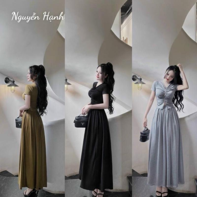 Váy Nữ Tách Lẻ Tay Ngắn Thanh Lịch Trẻ Trung Đầm Body Cổ Tim Dáng Dài Xòe Chát Co Dãn Mềm Mịn LOTENA D136 Dress Voan Women