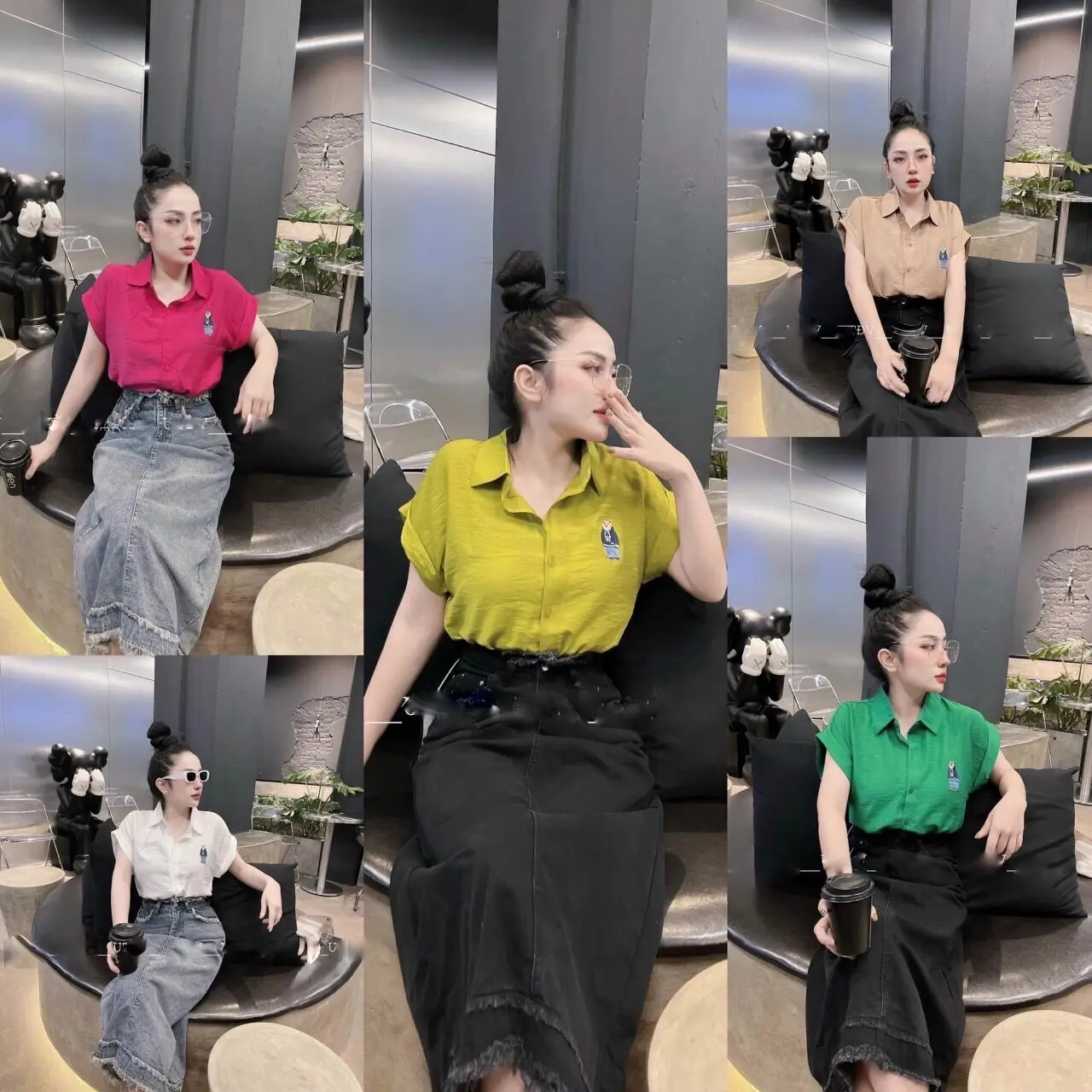 Áo Sơ Mi Nữ Tay Hến Cộc Tay Đũi Thêu Gấu Nổi
