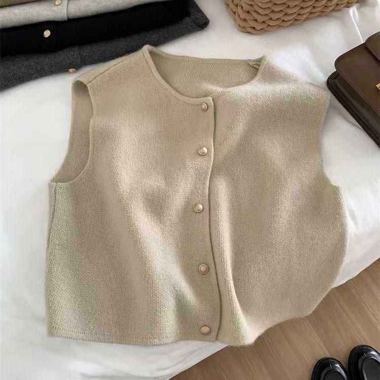 Áo Vest Dệt Kim, Phong Cách Nhẹ Nhàng, Một Hàng, Cỡ Nhỏ, Nút Vàng, Cổ Tròn, Áo Ba Lỗ Không Tay Phong Cách Hàn Quốc, Dành Cho Nữ, Có Thể Mặc Ngoài Trời 3