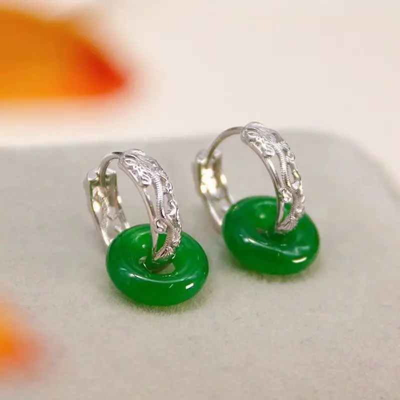 Hoa Tai Bạc Sterling, Ngọc Bích Ngọc Lục Bảo Tự Nhiên, Kẹp Tai, Hoa Tai Nút Thắt An Toàn Ngọc Bích, Thiết Kế Độc Đáo Phong Cách Dân Tộc, Dành Cho Phụ Nữ