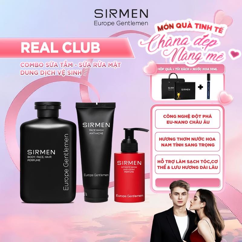 Bộ quà tặng cho nam REAL CLUB - Gồm Sữa tắm gội 4in1, Gel rửa mặt 2in1 và Dung dịch vệ sinh nam 3in1 hương nước hoa châu Âu SIRMEN | TẶNG TÚI XÁCH & NƯỚC HOA 10ML