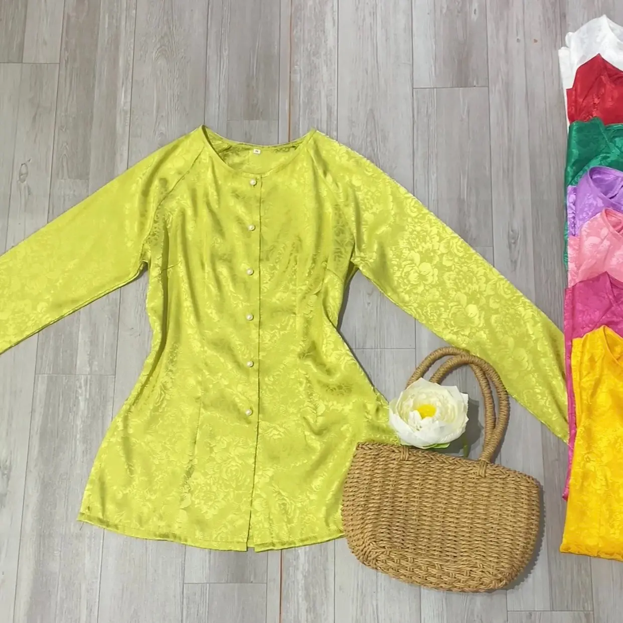 [Áo lẻ] Bà ba gấm hoa tay dài cổ tròn cúc ngọc gài (không có quần) Nữ Top Women-G4A