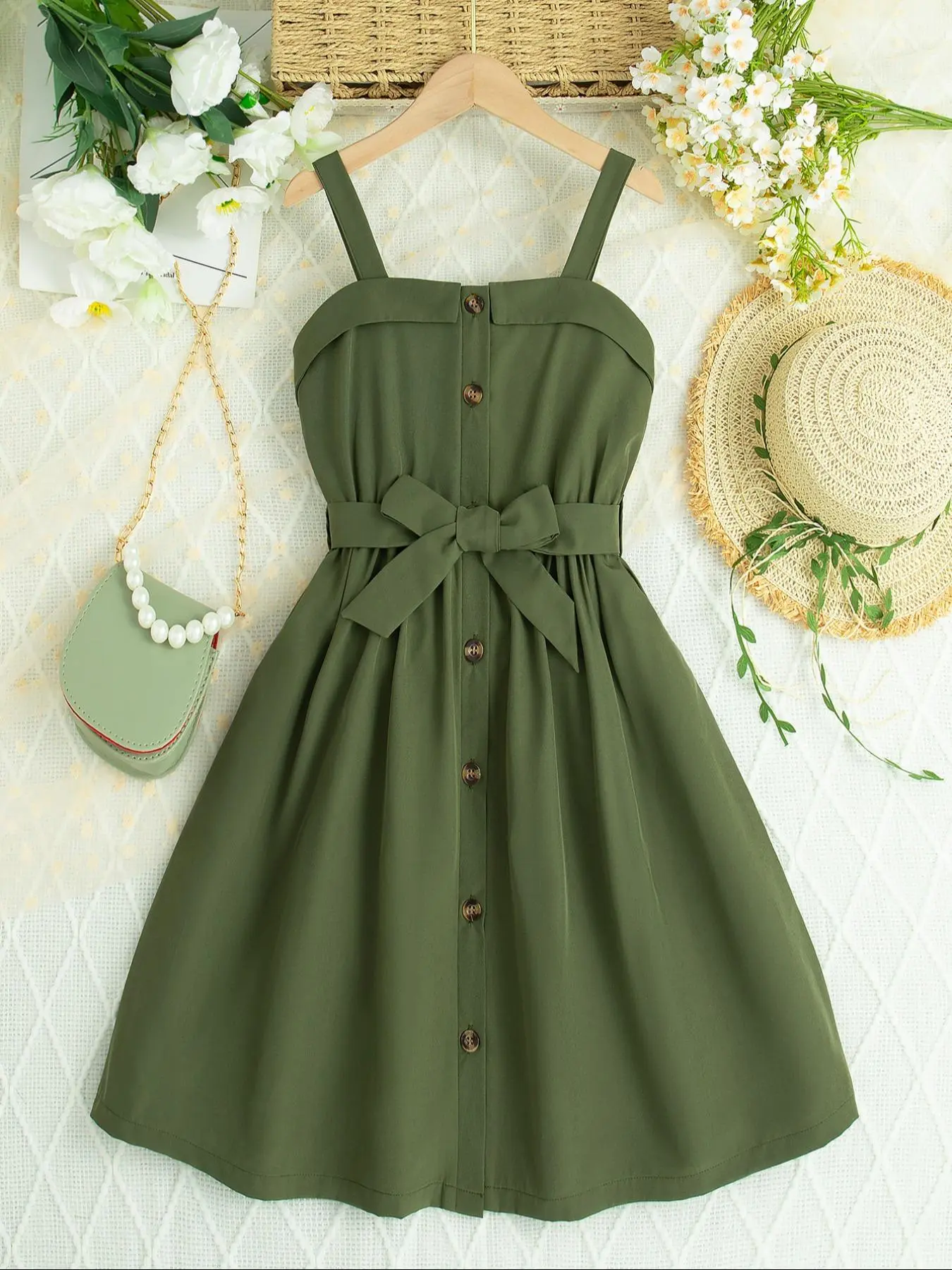 Girl's Solid Color Dress with Belt, Casual Sleeveless Dress for Summer, Kids Clothes for Daily Wear