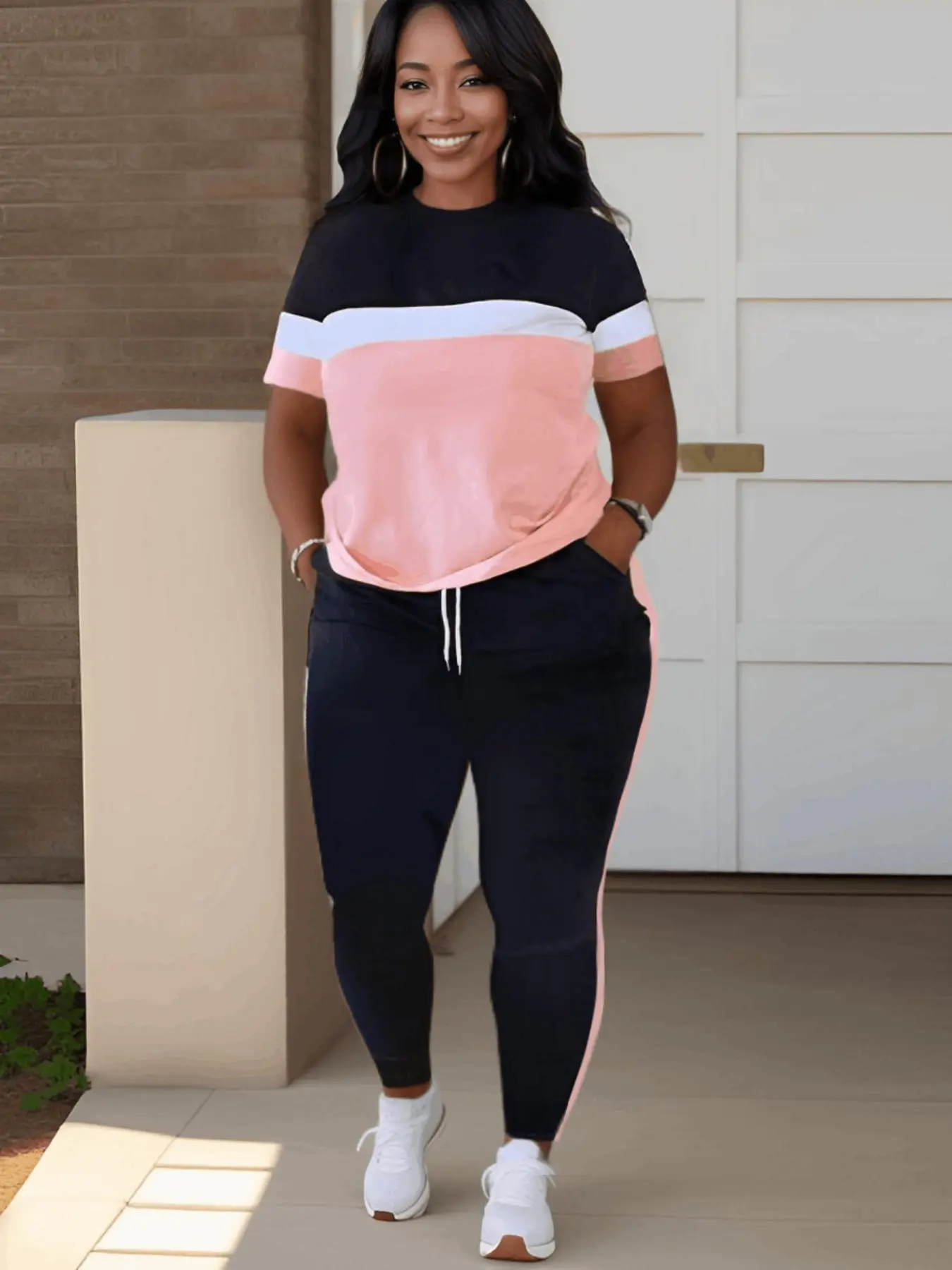 Lovelywholesale Two-piece Set Plus Size Colorblock Short Sleeve Tee & Drawstring Pocket Jogger Pants Set, Mean Girls Outfit, Co-ord Set for Women, Comfort Lady Co Ord Set, Casual Summer Clothes Set, Plus Size 2 Piece Sets