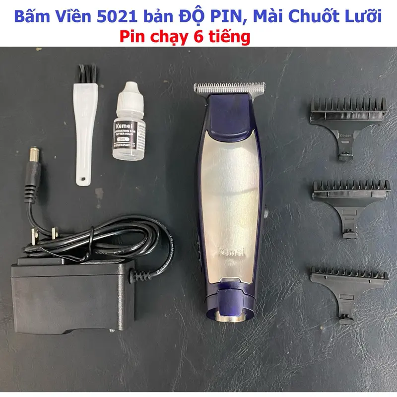Tông Đơ Bấm Viền Kemei 5021 bản ĐỘ PIN, MÀI CHUỐT LƯỠI 0