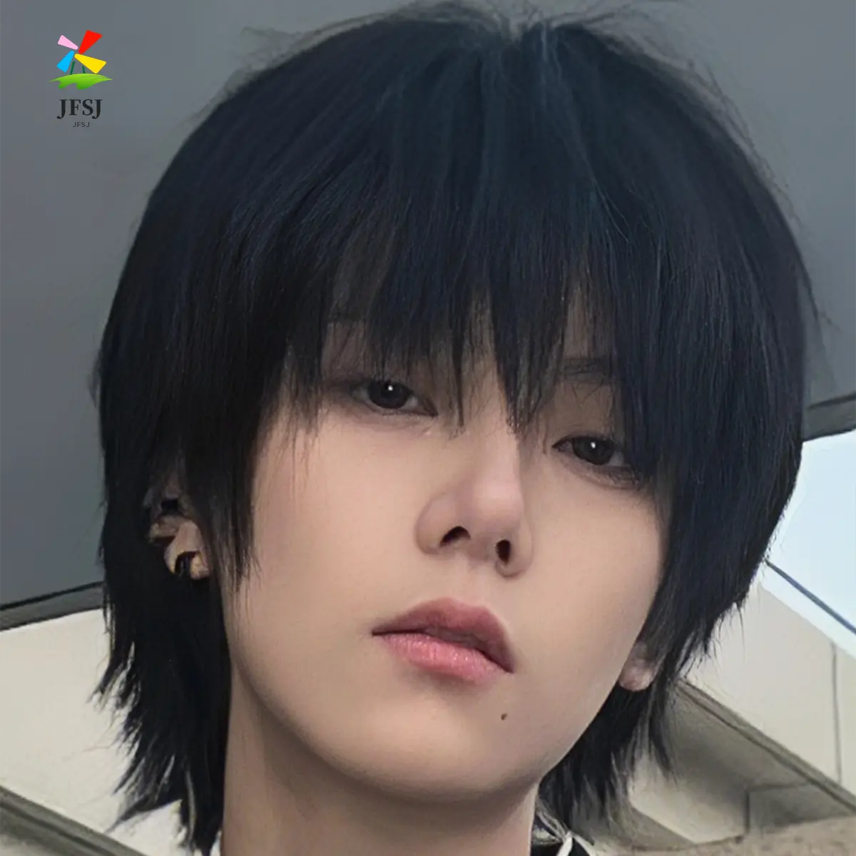 Wig Ekor Serigala untuk Pria, Kepala Mullet Gaya Jepang, Poni Sedikit Terbagi, Alat Peraga Foto Gaya Anime, Penutup Rambut Kepala Penuh Halus