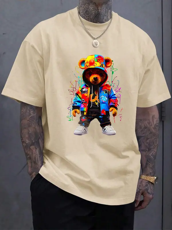 Men's Cartoon Bear Print Round Neck Tee, Regular Fit Street Style Casual Short Sleeve T-shirt, Graphic Tees, Men's Summer Top for Daily Wear 4