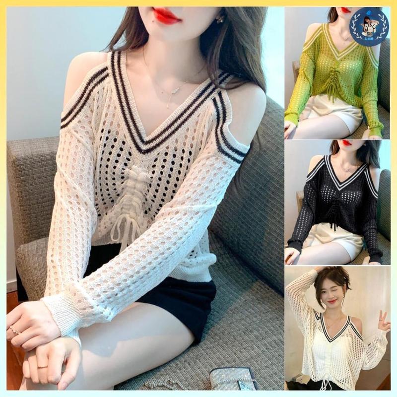 [A206] Áo len LƯỚI dệt kim Montoghi KHOÉT HỞ VAI viền cổ thuyền tay dài phối dây đi biển xinh - L2M (Top Women Fashion ) 【 hoa hồng  【 Hỏa tốc  