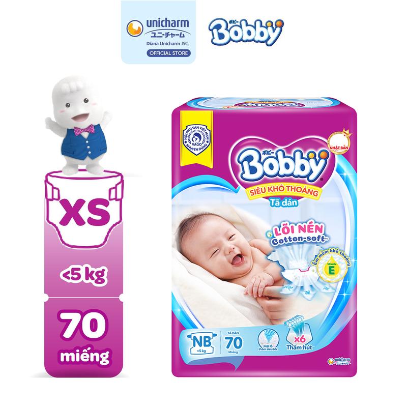 Bobby Tã/bỉm dán sơ sinh XS70 lõi nén cotton-soft Siêu khô thoáng cho bé