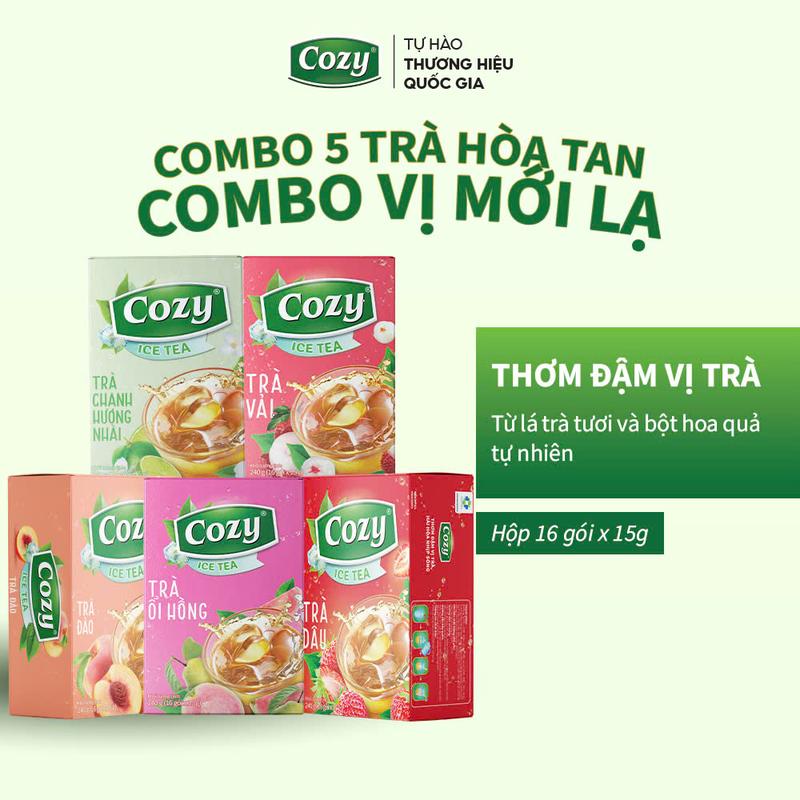 Combo 5 Trà Trái Cây Hòa Tan VỊ MỚI LẠ Cozy Tea: Ổi Hồng, Chanh Nhài, Dâu Tây, Đào, Vải (Hộp 16 Gói) Thức Uống Giải Khát Và Giải Nhiệt Cho Mùa Hè Nước Trà Thơm, Chè Sạch Tươi Nguyên Chất