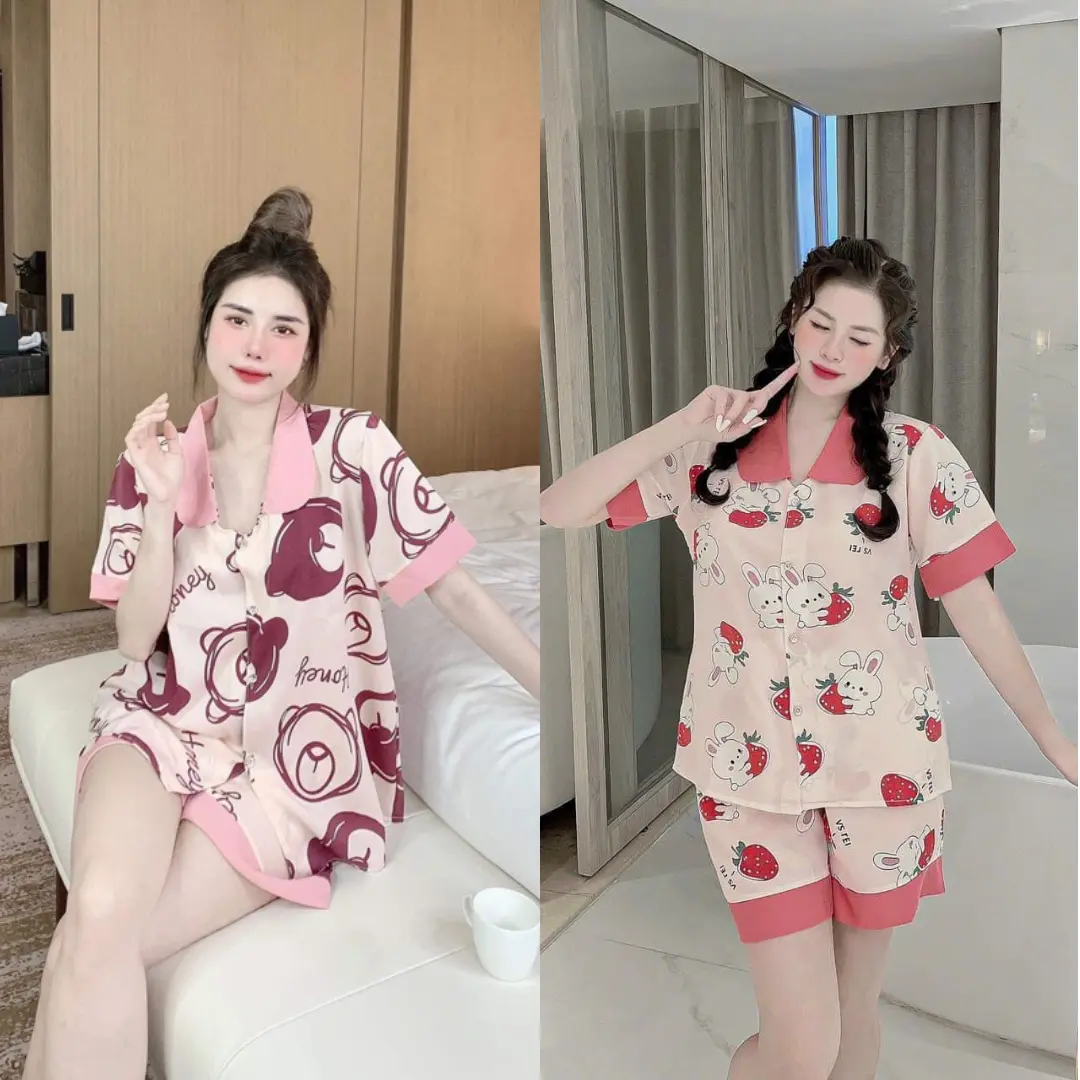 Combo 2 Đồ bộ Cộc ( Quần đùi) Pijama Nữ họa tiết phối viền chất vải lụa mềm nhẹ Quần Ngủ