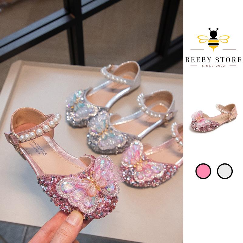 Giày Búp Bê Bé Gái, Giày Công Chúa Lấp Lánh Nơ Cánh Tiên Quai Đính Ngọc Đế Mềm Cho Bé (W50)