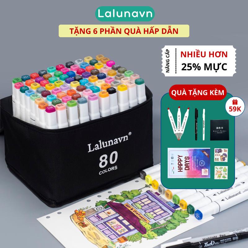 Bút màu Marker Lalunavn bộ 30/48/60/80 có khay túi vải vẽ tranh anime tô màu