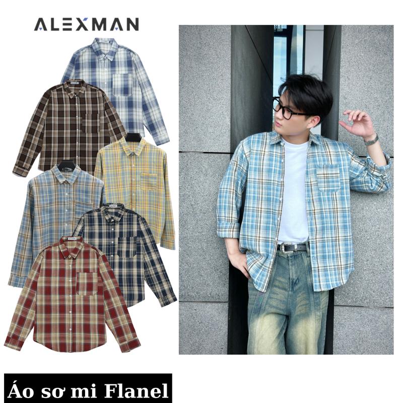 Áo sơ mi kẻ flanel dạ dài tay cotton, Áo sơ mi dài tay chính hãng unisex nam nữ style form rộng Menswear