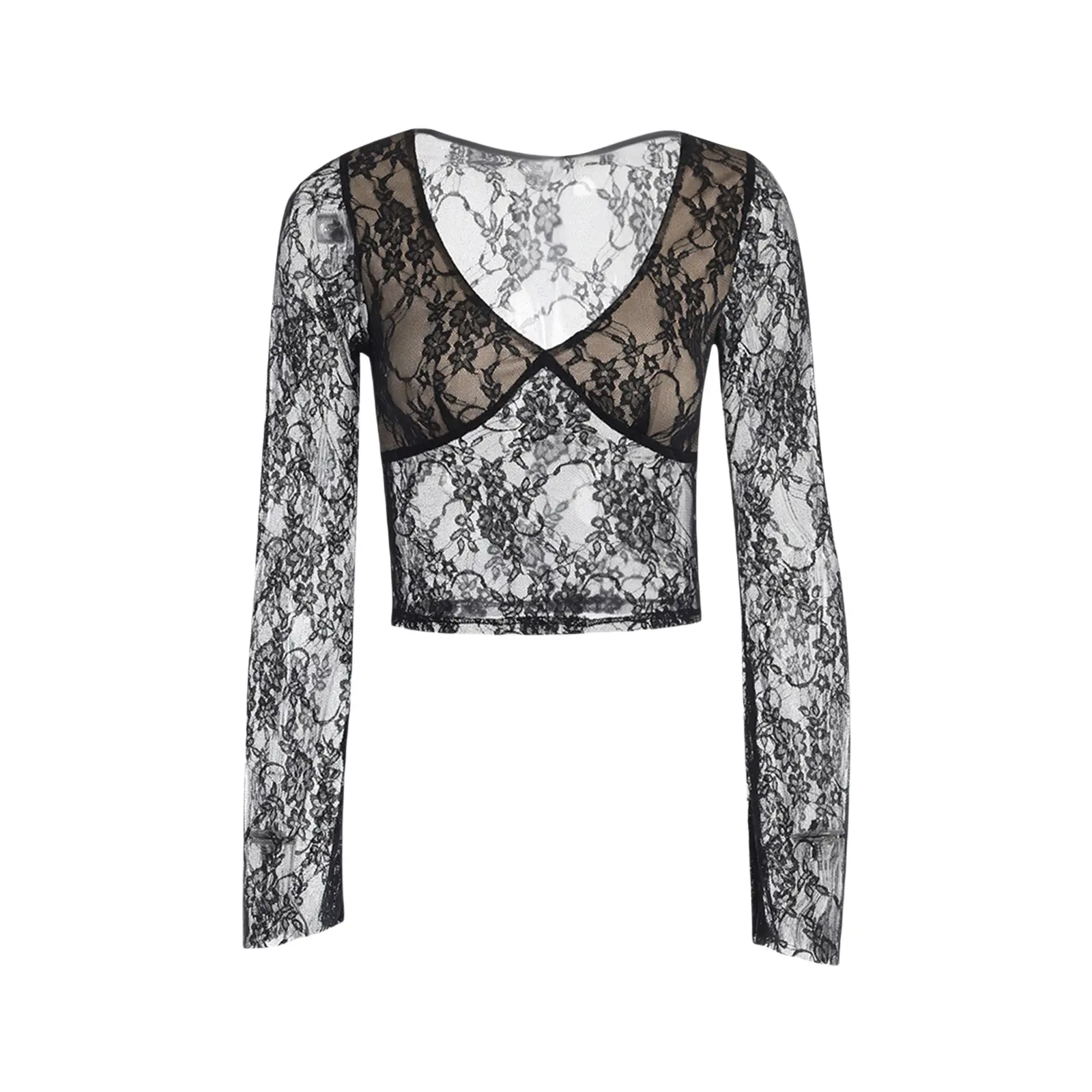 Áo Crop Top Ren Edgy Cho Nữ, Khám Phá Grunge, Phong Cách Punk, Cổ Chữ V Lưới Xuyên thấu Dáng Ôm, Dài Tay Women Sơ Mi Voi Shirt