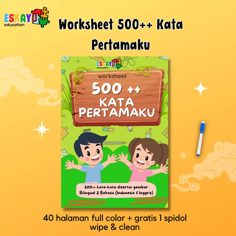 BUKU WORKSHEET 500++ KATA PERTAMAKU wipe and clean / buku pra paud dan pra TK / buku balita / buku anak 2 3 4 5 tahun / buku bayi 0