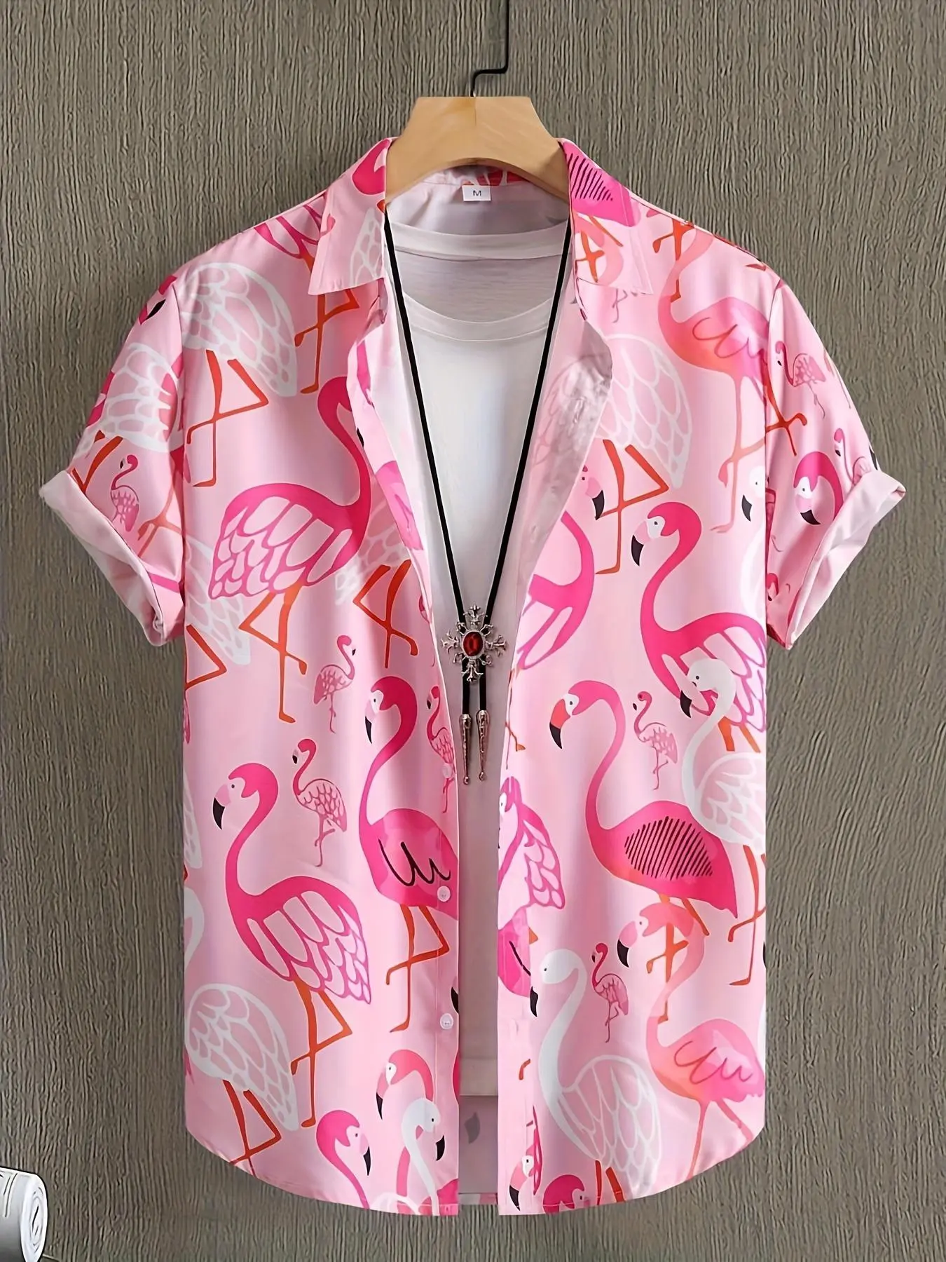 Men's Flamingo Print Short Sleeve Shirt, Regular Fit Casual Comfy Button Front Collared Top for Summer, Fashion Men's Clothes for Daily Wear