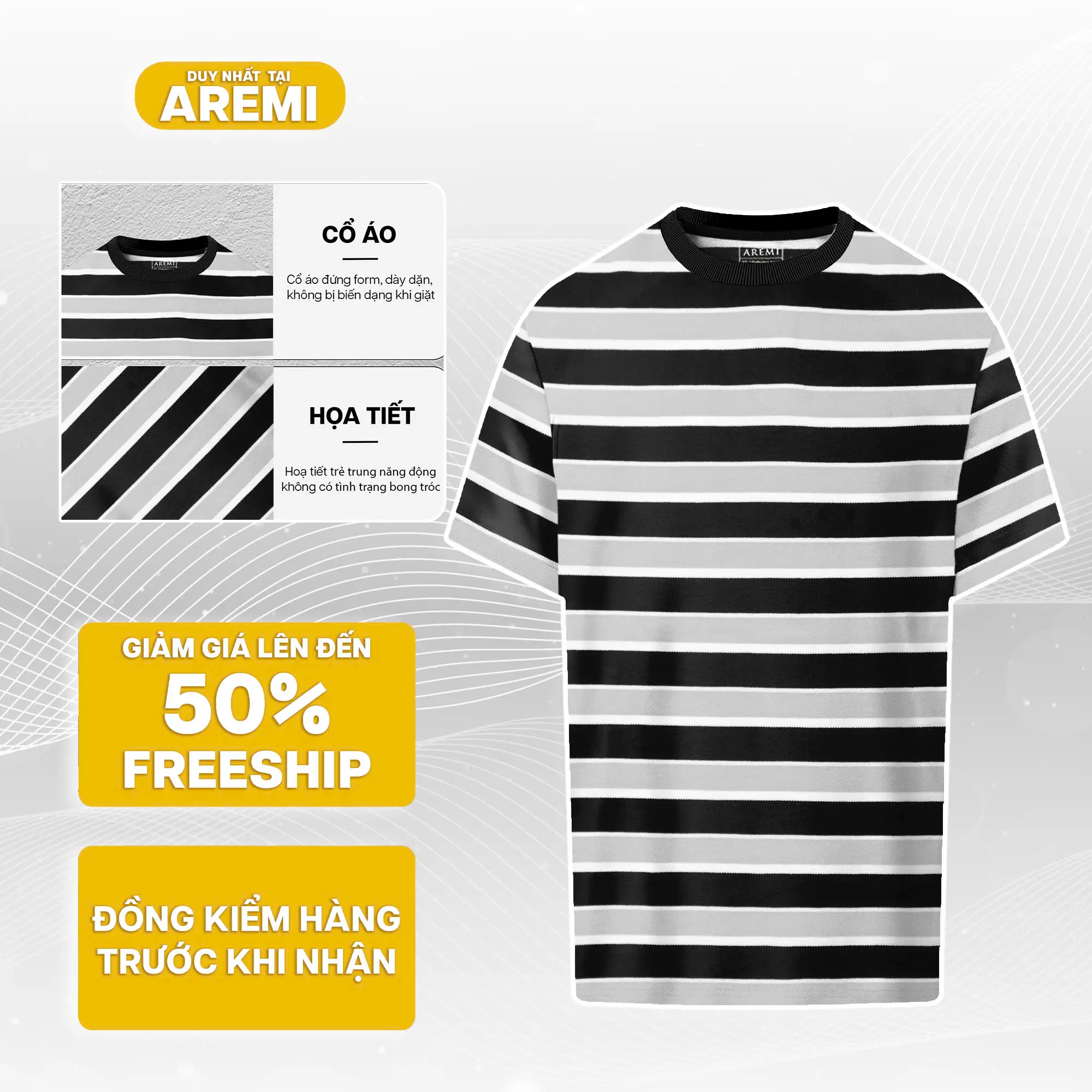 Áo thun nam tay ngắn cổ tròn AREMI chất liệu cotton co giản thiết kế sọc ngang trẻ trung ATS0088