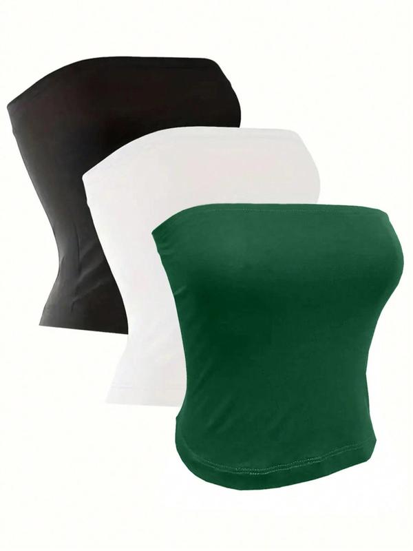 3-piece a Set Women's Summer Solid Color Knitted Strapless High Elastic Cylinder Tube Top Tank Camisole Top Casual Cute Clothes 7