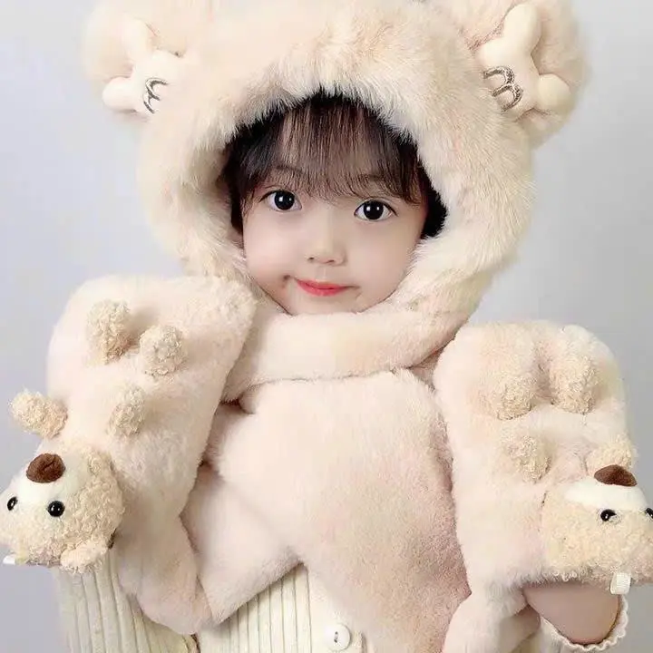 mũ lót lông kèm khăn kèm bao tay gấu cho bé siêu dày ấm