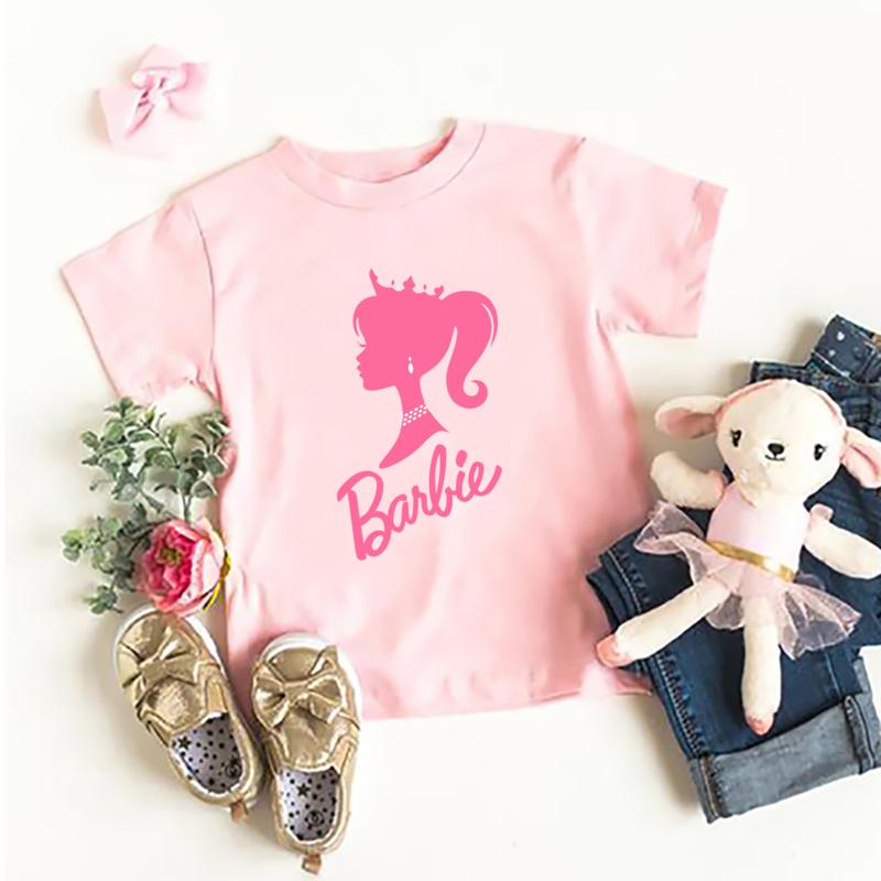 Product Introduction of Barbie Girl Print Family Matching Clothes Summer Mom and Me Parent Child T-shirt Girl Short Sleeve Tee Tops White/Pink/Black Baby Romper 40