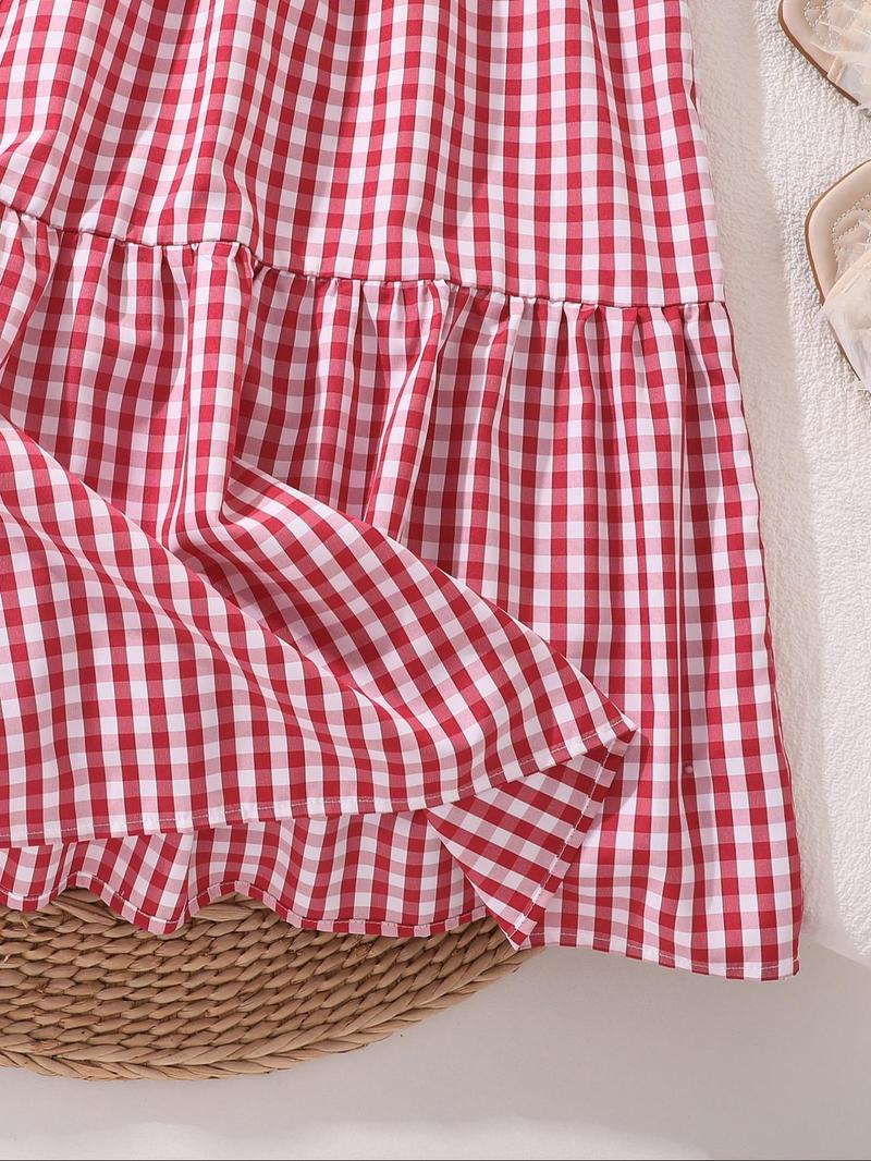 Product Introduction of Girl's Plaid Print Short Sleeve Dress, Casual Round Neck Dress for Summer, Kids Clothes for Daily Wear 6