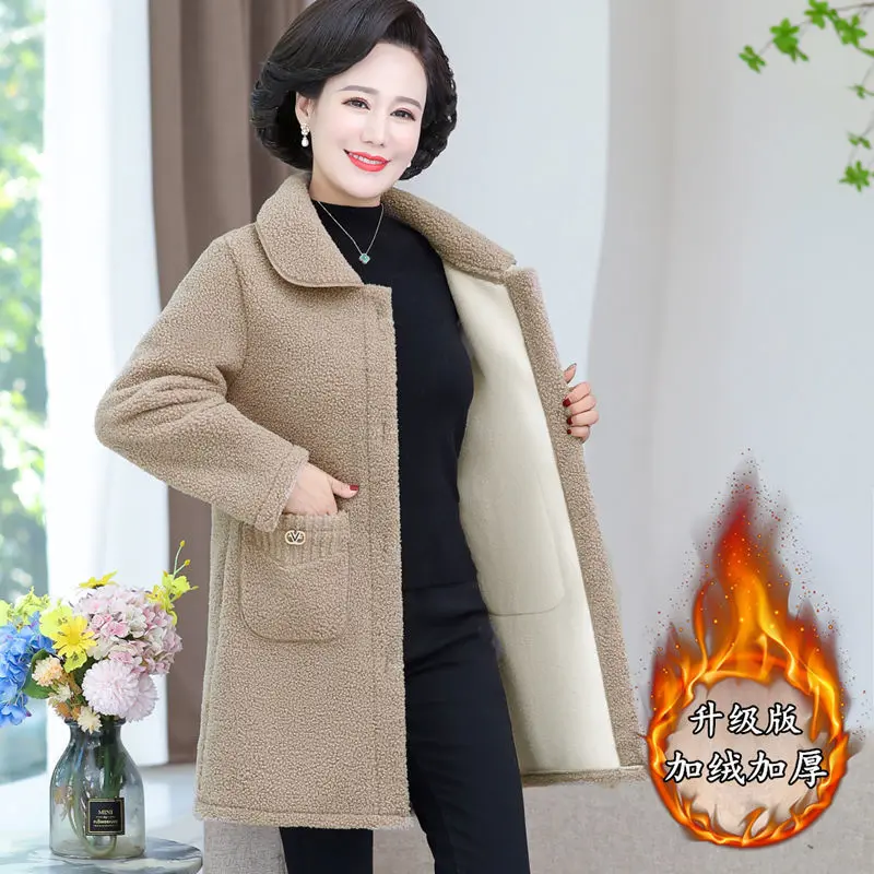 Quần Áo Mùa Đông Cho Mẹ, Áo Khoác Lông Cừu, Dài Trung Bình Áo khoác ngoài Dày, Dành Cho Phụ Nữ Trung Người Lớn Và Cao Tuổi, Phong Cách Phương Tây, Áo Len Cừu Top Women Jacket