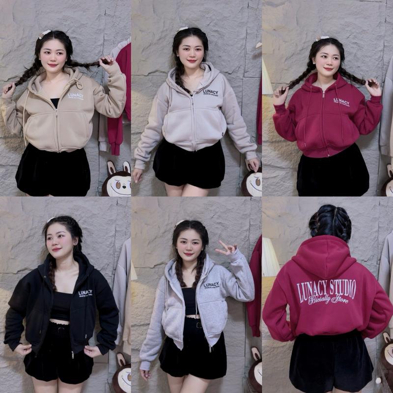 Áo Khoác Nỉ Lửng AKAHOUSE Form Croptop Chất Liệu Nỉ Bông Dày Dặn Chống Nắng Tốt Năng Động Trẻ Trung Freesize <55KG a o khoa Nữ Jacket Women