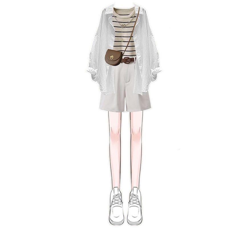 Product Introduction of Summer Set for Women 2024 New Fashion Versatile Sunscreen Shirt Striped Tank Top, Suit Shorts Three piece Set 2