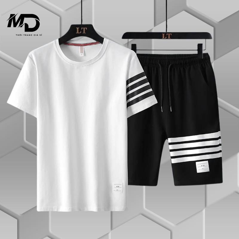 Bộ quần áo thể thao nam phối 3 Sọc, Đồ bộ nam thun lạnh co giãn thể thao thoáng khí thích hợp Sport Tập Thể Dục - Chạy Bộ - Tập Gym Áo Thun ngang gối xxl