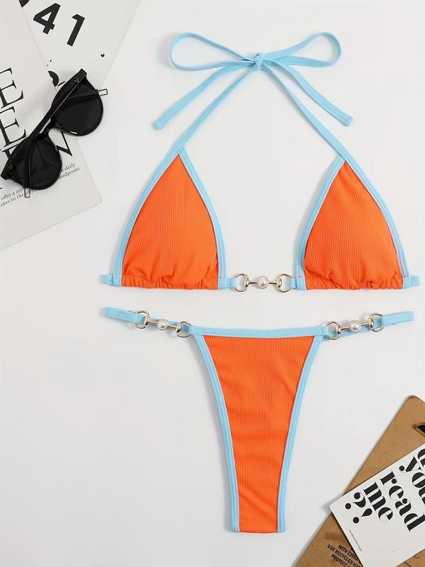 Women's Contrast Binding Faux Pearls Decor Ring Linked Design Sexy Skinny Bikini Set, 2024 Fashionable Summer New Halter Neck Triangle Swim Top & Swim Thong for Beach, Women's Swimwear for All Seasons 4