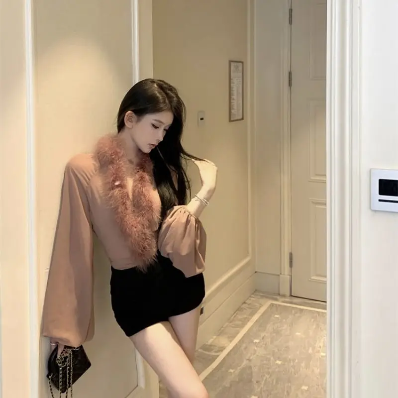 Áo Sơ Mi Voan Phong Cách Cổ Điển, Cổ Lông Thú, Thiết Kế Khâu, Tay Áo Dài Nữ Women Shirt Top 4