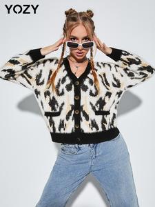 YOZY Women's Leopard Print Button Front Drop Shoulder Cardigan, Casual Fashion Long Sleeve V Neck Knitwear for Daily Holiday Outdoor Wear, Women Knit Clothing for Spring & Fall