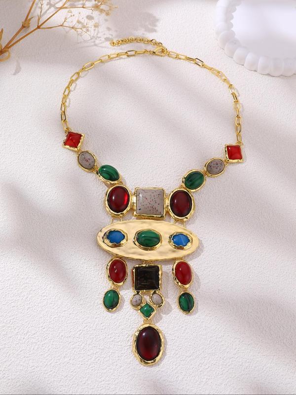 Vintage Ethnic Style Colorful Earrings & Pendant Necklace, Rhinestone Turquoise Texture Decor Jewelry Set for Party, Daily Clothing Decor, Trendy All-match & Exquisite Jewelry for Gift 2