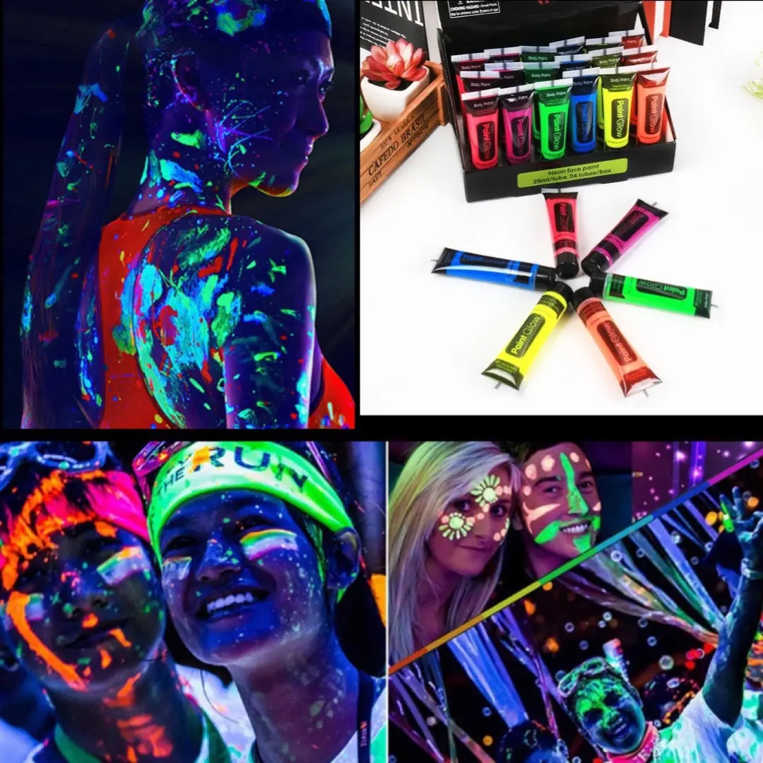 (6สี/6หลอด/แพ็ค) สีเรืองแสง บอดี้เพ้นท์ glow body paint 25ml สีนีออน สีสะท้อนแสง สีทาตัวเรืองแสง