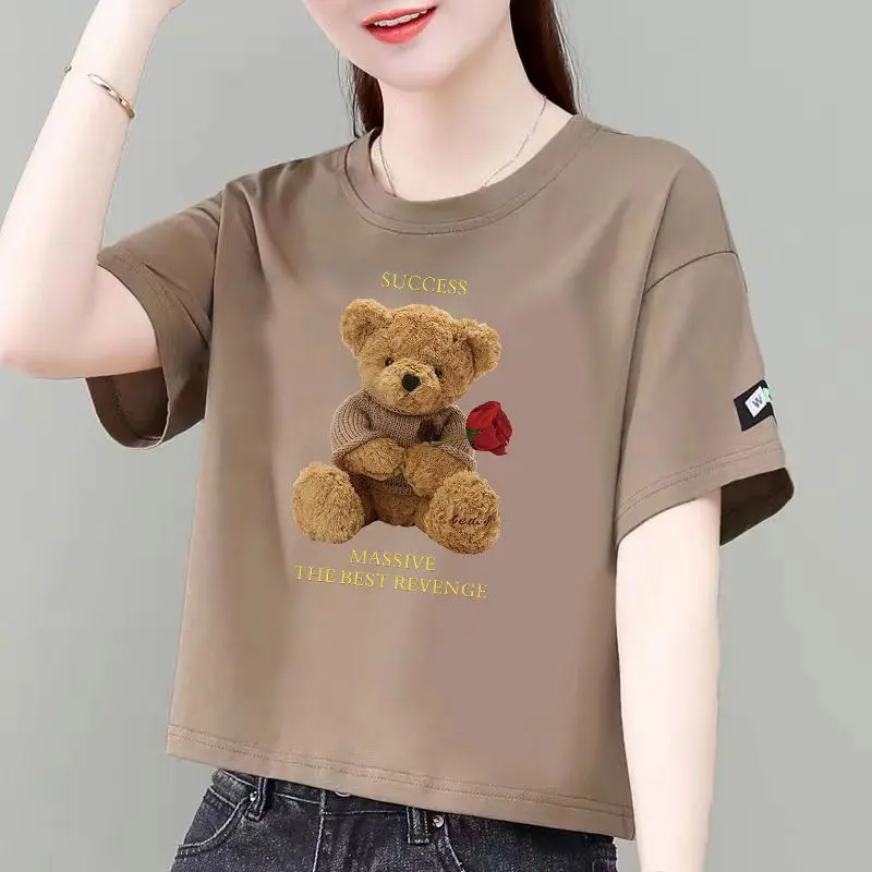 Áo Thun Ngắn Tay, 100% Cotton, In Chữ Và Gấu, Dành Cho Nữ, Cổ Tròn, Dáng Rộng Vừa Vặn, Tay Lửng Áo, Thích Hợp Cho Mùa Hè, Hàng Mới Về, Phong Cách Ins Women Top Women Top