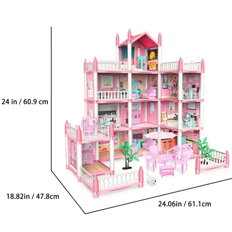 DIY Doll House Building Toys, 1 Set Pink Dollhouse with 11 Rooms & Furniture Accessories, DIY Pretend Play Toys For Kids, Stocking Fillers Gift 2