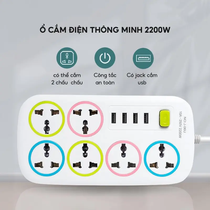 Ổ Cắm Điện USB Đa Năng Cao Cấp OCD01 Chống Giật Dây Dài, 2 Cổng Cắm USB với 4 ổ cắm Có Chốt An Toàn Tiện Dụng 8