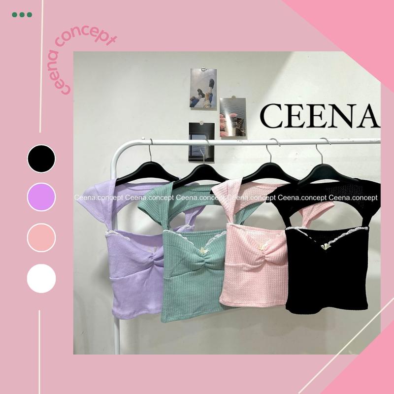 Ceena - Áo ống tube kiểu coquette đính nơ khoét lưng có 4 màu Nữ Women Top Jean Tim Đen aocup nguc
