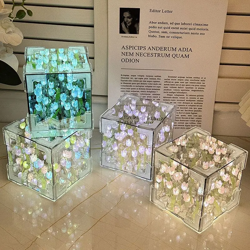 Bộ đèn ngủ tự làm, Thiết kế hoa tulip, Thủ công gương khối lập phương 3D, với hiệu ứng Vườn hoa nở, Trang trí phòng ngủ lãng mạn thủ công, Quà tặng sinh nhật sáng tạo cho bạn gái / Vợ, bao gồm đèn dây LED và lắp ráp câu đố 7