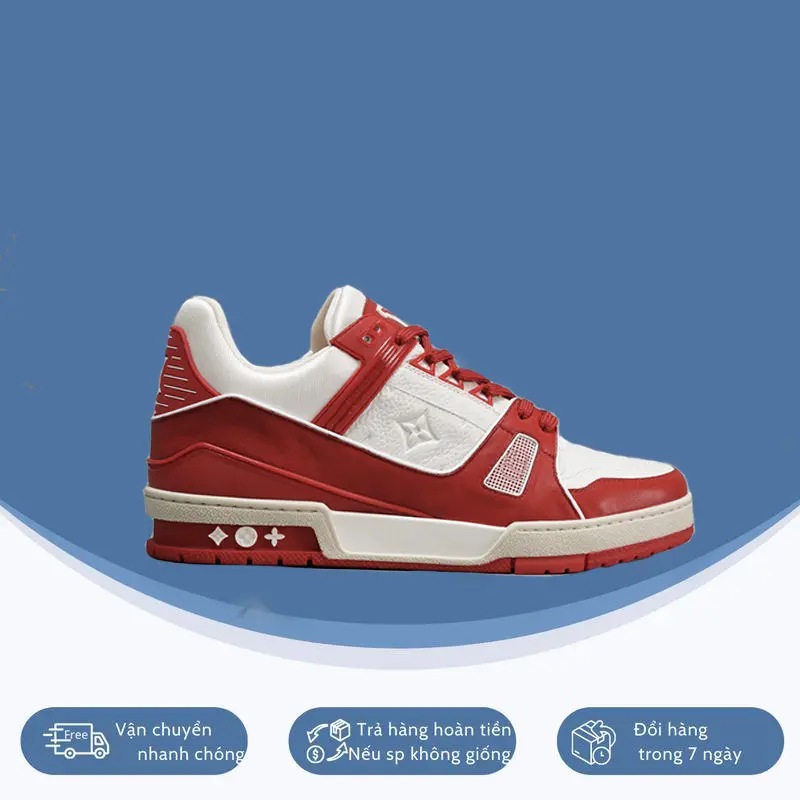 Giày Họa Tiết LVê Trainer Màu Đỏ Jean Nhung Sneaker Shoes Hoa Đế Bằng