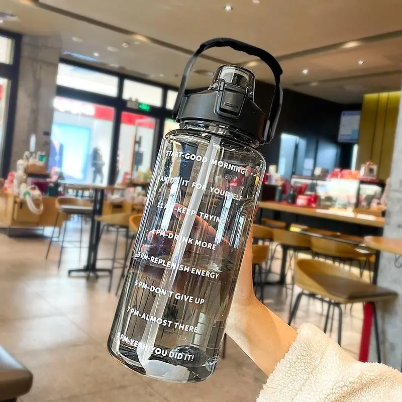 2 Liter Sports Water Bottle With Straw Men Women Fitness Water Bottles Outdoor Cold Water Bottlesc With Time Marker