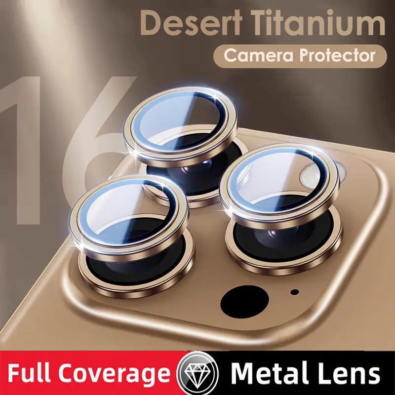 Titanium Color Camera Lens Protector For iPhone 16 15 14 13 12 11 Pro Max 16 Plus 13 Mini One-click Installation Full Cover Metal Ring Tempered Glass Camera Cover