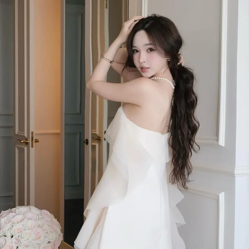 ( Tặng kèm quần) Váy thiết kế tiểu thư sang chảnh Có Mút Đệm Ngực - Váy tacta xuông pha tơ bèo 2 sườn trẻ trung Nữ Women Sen Nhung Hamen 4