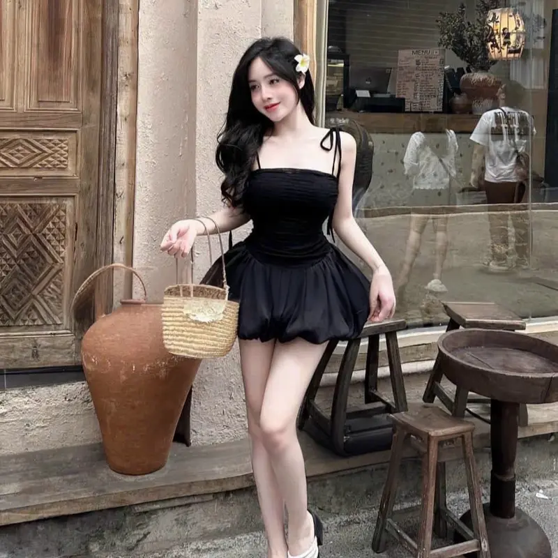 Đầm ren có mút ngực hai dây buộc phối bí von tơ ánh kim hai lớp Nữ Sen Voi ôm người dễ mặc nè các nàng 3
