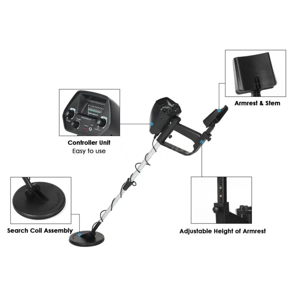 Metal Detector Searching Gold Digger Treasure Finder Waterproof & Adjustable Black
