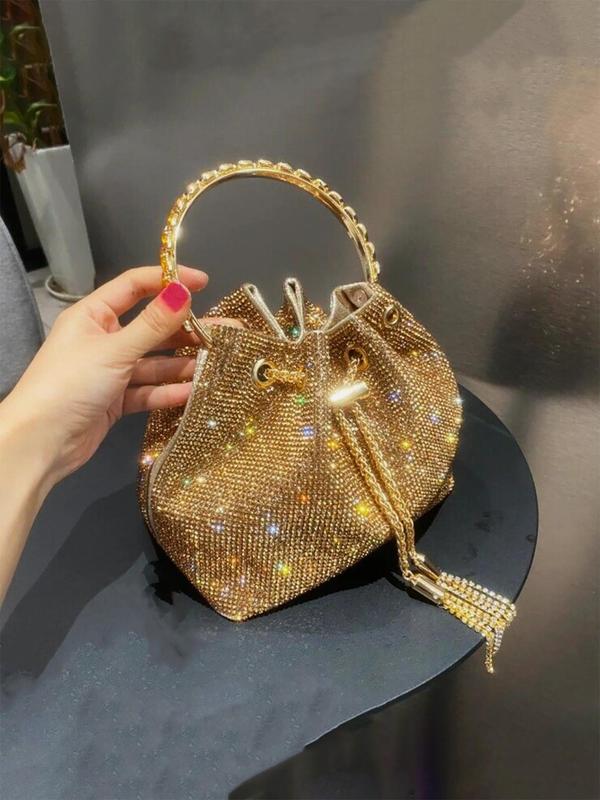 Women's Rhinestone Decorated Evening Bag with Round Top Handle, Elegant Shiny Tassel Chain Drawstring Design Shoulder Bag for Party, All-match Commuter Bag for Work & Daily Used, Valentine's Day Gift for Girl, Ladies Purse 6