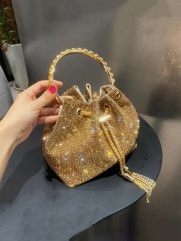Women's Rhinestone Decorated Evening Bag with Round Top Handle, Elegant Shiny Tassel Chain Drawstring Design Shoulder Bag for Party, All-match Commuter Bag for Work & Daily Used, Valentine's Day Gift for Girl, Ladies Purse 5