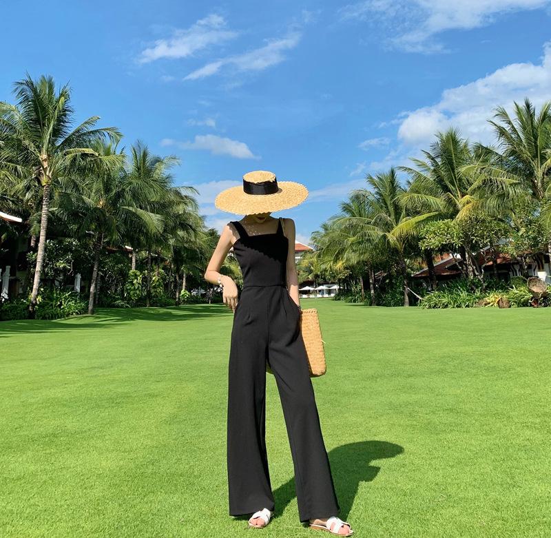 Product Introduction of Jumpsuit Women'S Black High Waisted Wide Leg Open Back Style Jumpsuit Loose Straight Leg Strap Pants 40