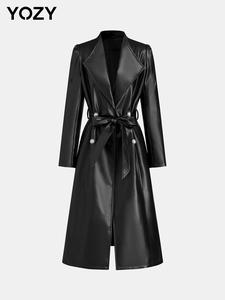 YOZY Women's Solid Double Button Pocket Faux Leather Coat, Elegant Long Sleeve Collared Outerwear for Fall & Winter, Women's Clothing for Daily Wear